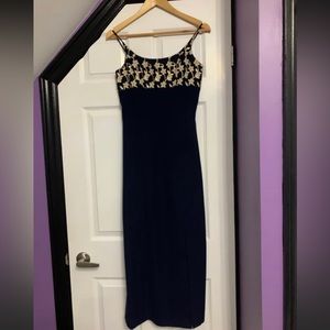 Navy blue with gold embroidery gowned